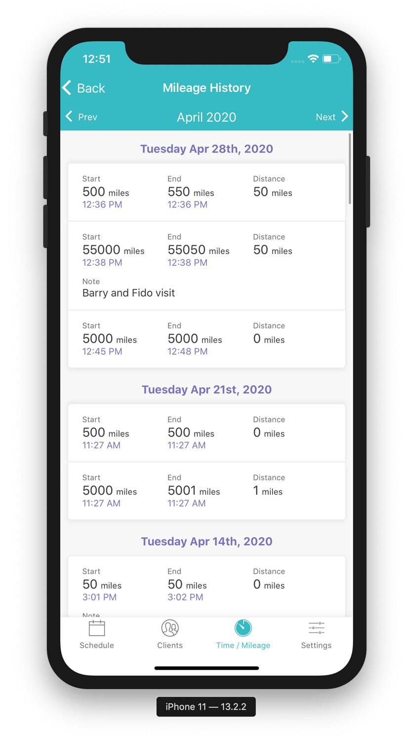 Mileage Tracking History Screenshot from Time To Pet App