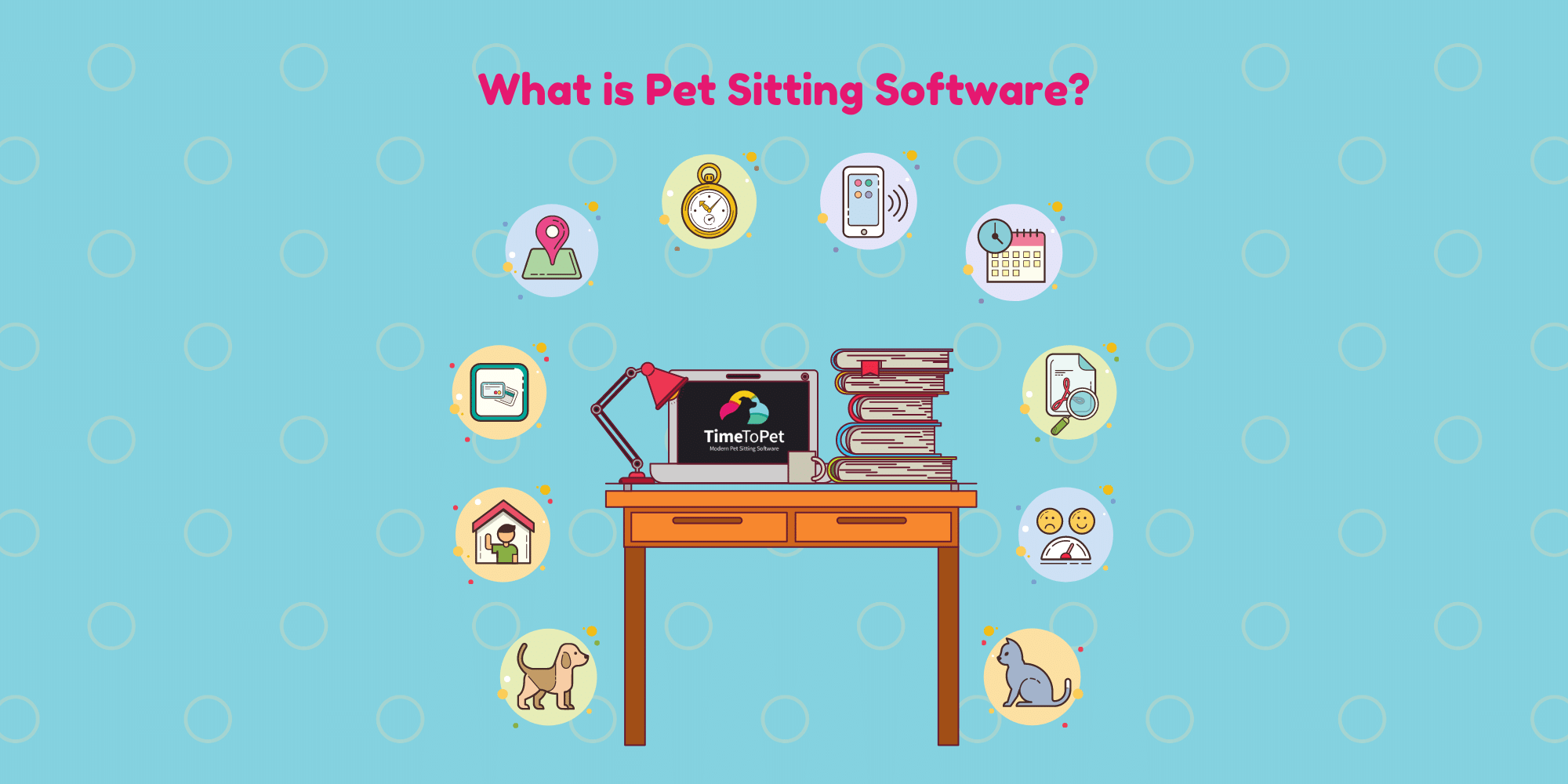 Desk with pet sitting software icons